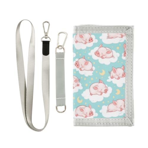Wusikd Pink Piglets Sleeping Kids Wallet for Boys Girls Clouds Stars Toddler Trifold Wallet Novelty Wallet for Teens Women Men