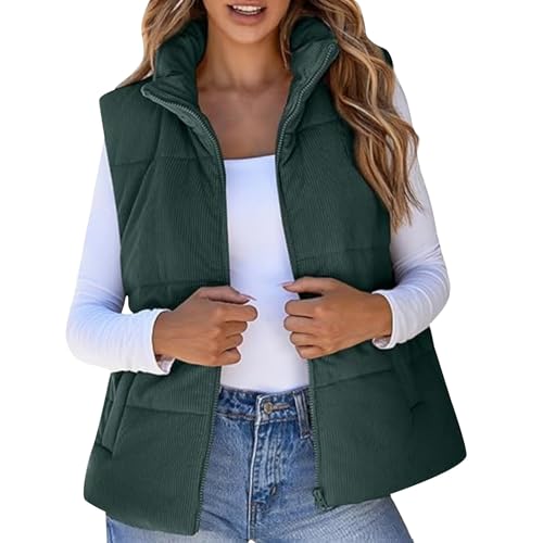 Gilet d'hiver matelassé sans manches femme - Veste courte chaude à revers et poches zippées