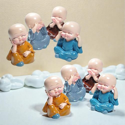 Image of Oblivion Buddha Monk Figurine Set - Multicolour Resin Decorative Showpiece with Traditional Straw Hats for Unique Gift, Home Decor, Indoor /Outdoor Garden, Car Dashboard (Buddha Without Cap)