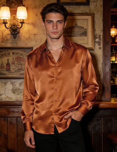Image of Hi-Tie Men's Silk Satin Dress Shirts Long Sleeve Shiny Casual Button Up Shirts Luxury Party Disco Prom Wedding Shirt