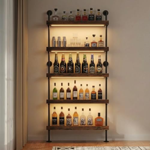 Woskar 5-Tier Wall Mounted Wine Rack with LED, Industrial Pipe Bar Shelf for Wine Bottle Storage, Industrial Pipe Shelves Shelf Shelving for Home Bar Dining Room Kitchen (40INCH-LED)