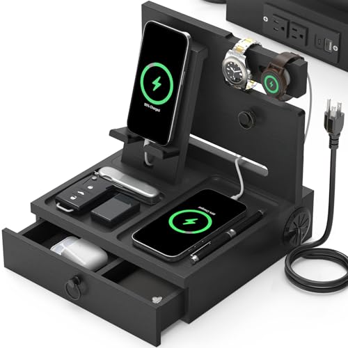 Wood Phone Docking Station with USB Ports and Outlets Nightstand Organizer with Charging Station Bedside Organizer with Drawer for Watch & Accessories Christmas Anniversary Birthday Gifts for Men