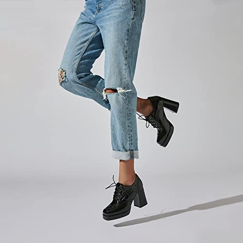 Seifin Women's Patent Leather Block High Heel Platform Pumps Square Toe Lace Up Ankle Booties Chunky Wingtip Oxford Dress Shoes(Black,Us 11) #TOP3