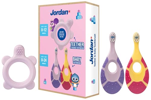 Jordan® | Step 0 Mordedor & Cepillo de Entrenamiento | Sin BPA, higiénico, solución 2 en 1 para la dentición y el cepillado temprano de bebés | Rosa | 1 mordedor + 2 cepillos de bebé Step 1