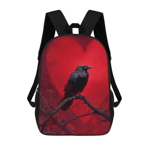 Black Raven Bloody Color Heart Classic 17 Inch Backpack Travel Daypack Casual Shoulder Bag with Adjustable Strap for Men Women
