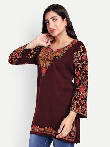 Image of HAUTEMODA Women Woollen Short Kashmiri Embroidery Phiran Kurta