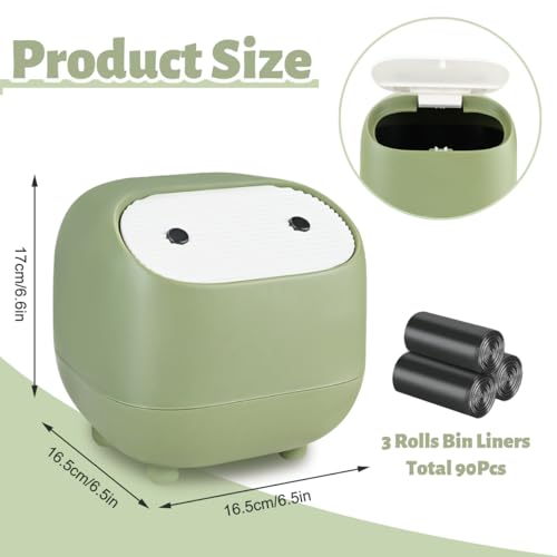 Image of Mini Trash Can, Cute Small Trash Can with Lid, Desktop Paper Bin with 90 of Bin Liners, Portable Tabletop Dustbin, Cartoon Animal Rubbish Storage for Office Bedroom Desk Car Kitchen(Green)