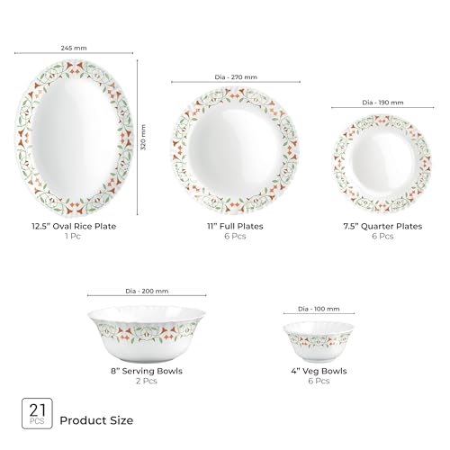Image of Treo by Milton Opalware Aurelia Meena Dinner Set of 21 | Serving for 6 | Microwave & Dishwasher Safe | Bone-Ash Free | Tempered Toughness | Plates & Bowls | Crockery Set for Dining & Gifting
