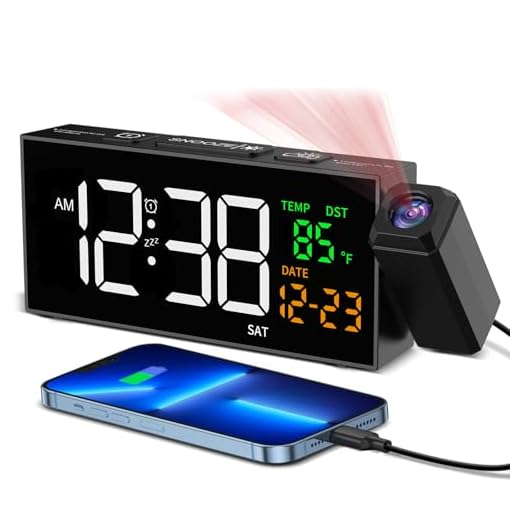 Netzu Projection Clock for Bedroom Ceiling, Alarm Clocks with 180° Rotatable Projector, Date Temperature and Weekday, Manual DST, 5 Brightness, 10 Ringtones, 4 Volumes and Snooze (Black)