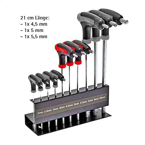 Wiltec Zestaw kluczy imbusowych 11-częściowy 2-10 mm z termoplastycznymi uchwytami gumowymi w kształcie litery T, długości 15-28 cm