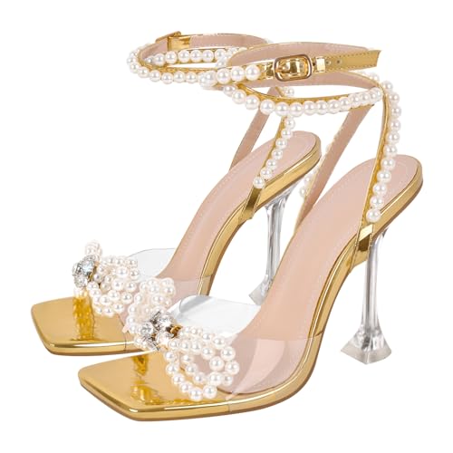 Image of Yolkomo Women's Square Toe Clear Heels Sexy Rhinestone Bow Heels Open Toe Ankle Strap Stiletto High Heel Sandals