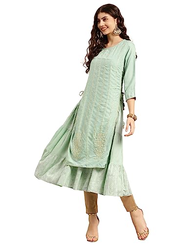 rangita Rayon Calf Length Embroidered Double Layered Kurti for Wo...