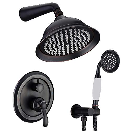 IRIBER Oil Rubbed Bronze Shower System with Solid Brass Rain Shower Head and Handheld ORB Shower Faucet Set with Pressure balance Mixer Valve Bathroom Black Rainfall Shower Trim Kit, Valve Included
