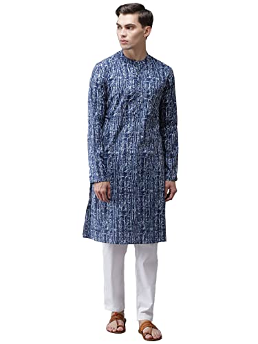 Image of See Designs Blue & White Cotton Regular Fit Printed Kurta Set