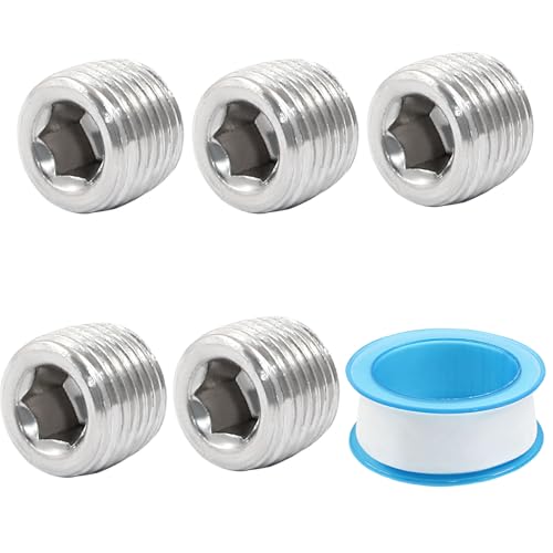 Bonsicoky 5 PCS 1/8 NPT Male Thread Pipe Fitting with Tape - 304 Stainless Steel Internal Hex Pipe Fitting for Sealing Pipe Port