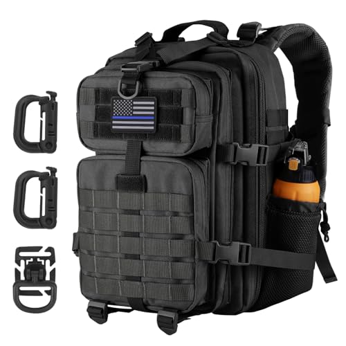 Hannibal Tactical 28L MOLLE Assault Pack, Tactical Backpack Military Army Camping Rucksack with Bottle Holder, 3-Day Pack, Black