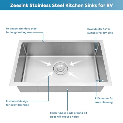 Image of 27 inch RV Kitchen Sink,6.7 inch Depth Undermount Kitchen Sink,Single Bowl 16 Gauge Stainless Steel Kitchen Sinks for RV /Caravans /Campervans (Stainless Steel, 27 X 16 inch)