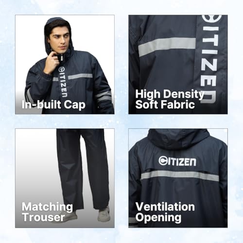 Image of Citizen Raincoat for Men with Adjustable Hood, Waterproof Pant and Carry Pouch | Reflective Strips Standard Length| Double Layered Tapping Rubberized Fabric | Durable & Lightweight Rainsuit