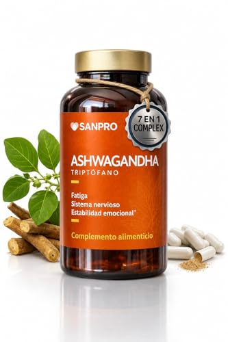 Ashwagandha + Triptófano Complex 7 en 1| 120 Cápsulas Veganas|Magnesio, Vitaminas B1, B2, B3 y B6 | Ayuda a Regular el Cortisol, Bajada de Peso y Estrés, Aumenta la Concentración y Mejora del Sueño