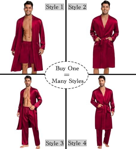 Image of SWOMOG Mens 3 PCS Satin Robe with Pants & Shorts Set Kimono Bathrobe Long Sleeve Sleepwear Pjs Sets with Pockets
