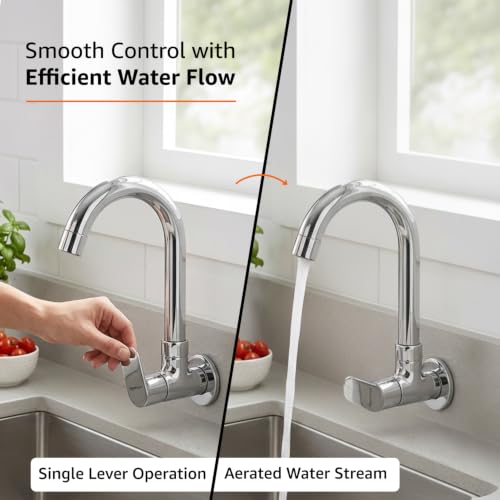Image of Amazon Basics Round Kitchen Faucet | Cold-Only Single Lever Sink Tap with 360 Degree Swivel Spout | Aerated Water Flow | 15mm / 1 /2 BSP | Kitchen Use [Chrome]