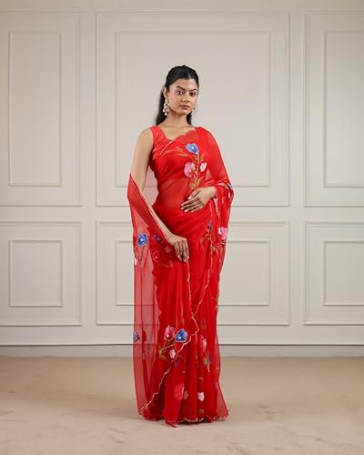 Image of Arkia Women's Hand Painted and Hand Cut dana Work Saree, Red Floral Embroidered Traditional Indian Saree