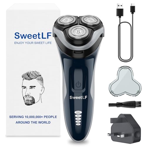 SweetLF Electric Razor for Men, 120 Min Shaving, Fast UK Adapter (1H Charging), 100% Waterproof, Wet & Dry Rotary Shavers for Men with Pop-up Trimmer, LED Display, Dark Blue