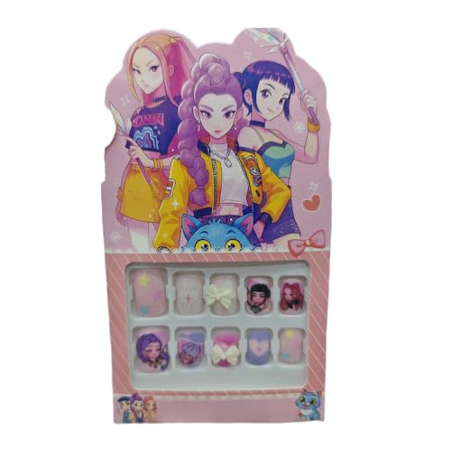 FASHION YO 12Pcs Children Acrylic Fake Nails Press on Pre-glue Full Cover Glitter Color Rainbow Unicorn Mermaid Kids Stick On False Nail Art Kits Set Girls Birthday Gift (KPOP(random color))