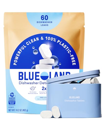 BLUELAND 100% Plastic-Free Dishwasher Detergent Tablets, Starter Set, 60 Count with tin, Free & Clear, Eco-Friendly Dishwashing Pods, Natural, USDA Certified biobased
