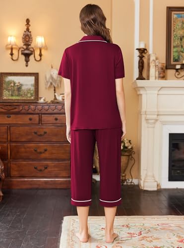 Image of Ekouaer Capri Pajamas for Women Short Sleeve Button Down Sleepwear Comfy Lounge Set 2-Piece Pants Pjs | Capri Pants With Pockets,Chest Pocket,Notch Collar,Contrast Pipings,Sleepwear For Home Loungwear,Wedding,Party&Breastfeeding