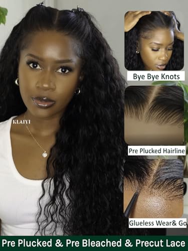 Image of KLAIYI Water Wave Pre Cut 360 Full Lace Frontal Glueless Wig Human Hair Drawstring Pre Plucked Bleached Bye Bye Knots Pre Everything Ready to Wear And Go Curly Beginner Wig with Baby Hair 180% 24Inch