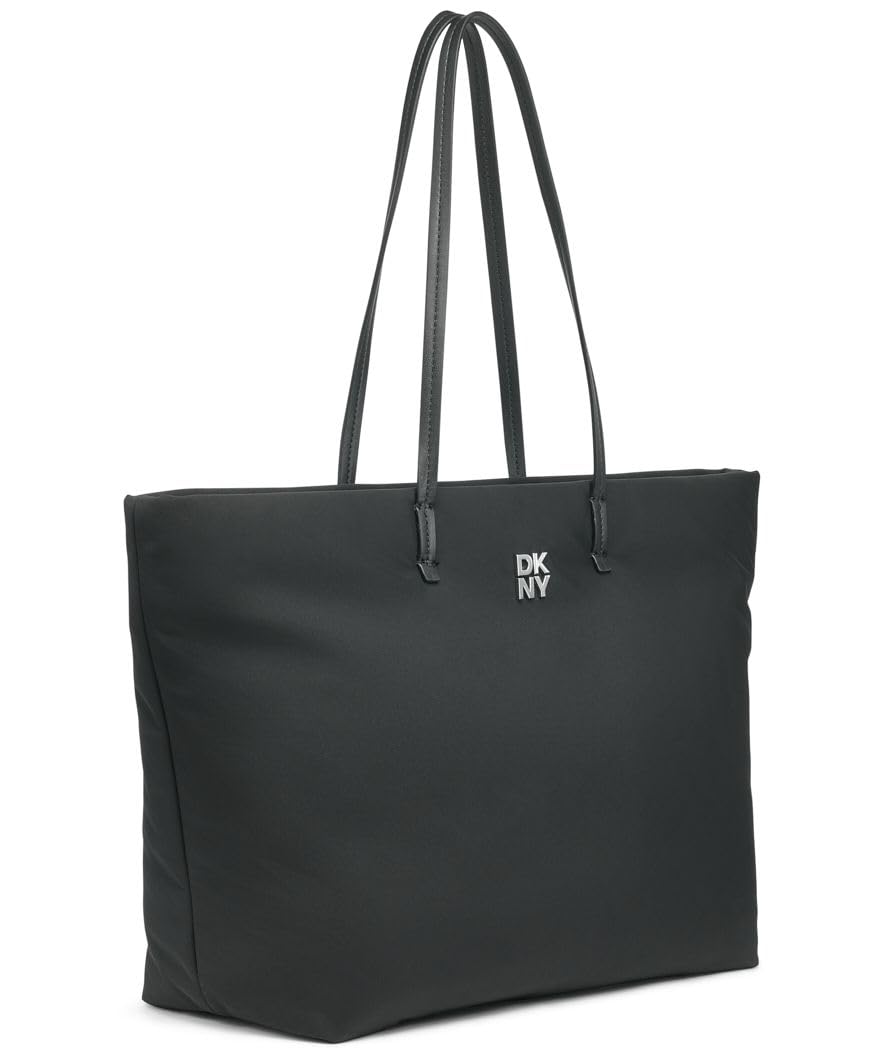 DKNY Tote Jenny para mujer, 100% poliéster con ribete de poliuretano, logotipo negro y negro, Logotipo negro y negro