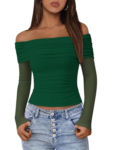 BTFBM Women's Long Sleeve Shirts 2025 Fall Crop Going Out Tops Mesh Ruched Casual Off Shoulder Blouses Y2K Clothes(Dark Green, Medium)