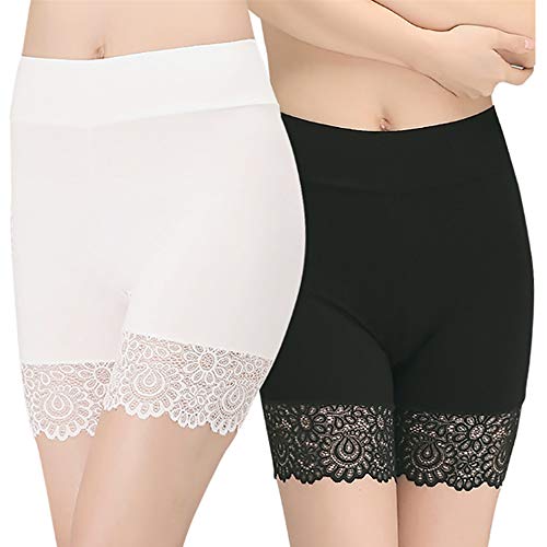 Femmes Panty Coton Femmes sous Jupe Shorts Pantalon De Sécurité Doux Stretch Dentelle Garniture Leggings Short (Weiß+Schwarz-1, Taille Unique)