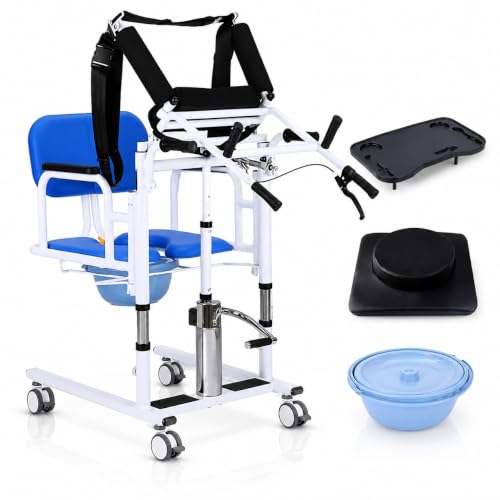 Image of Hydraulic Patient Lift,Transfer wheel chair for Seniors Elders with Height Adjustable 150kg Capacity Portable Shower Chair -Rolling Wheels, Removable Bucket, Fits Indian,Western Toilets