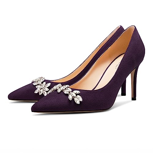 TNYNFBEB Womens Mid Heel Pointed Toe Pumps Slip-on Rhinestone Crystal Prom Wedding Summer Basic Classic Cute 3.2 Inches Heels4