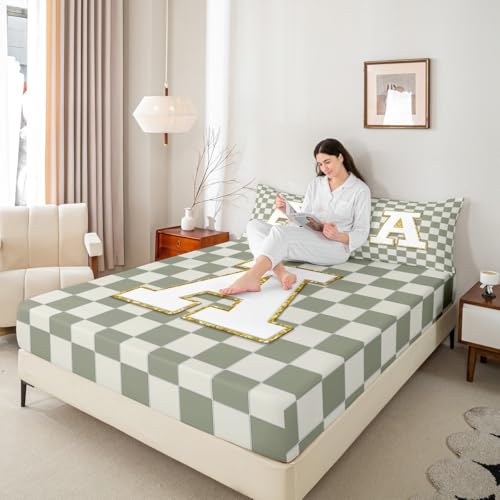 Image of Erosebridal Sage Green Checkered Bed Sheets Queen Plaid Initial A Sheet Set Personalized Monogram Bedding Set for Kids Boys Girls,Fashion Grids Gingham Fitted Flat Sheets 4 Piece