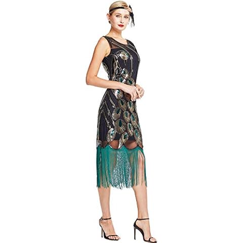 MISSCHEN Women's Fashion 1920S Vintage Peacock Sequin Gatsby Fringed Flapper Dress YLS019 M Black with Green Fringe Cover