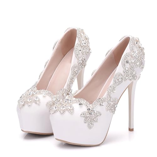 Women's White Wedding Shoes for Bride High Heels Platform Closed Toe Bridal Shoes Prom Party Dress Pumps Sandals,White,39