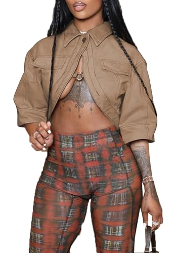 Casual Women Cropped Denim Jacket Fall Short Sleeve Jean Crop Jackets Y2K Outfits