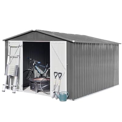 HXUHUWS Maximize Outdoor Storage with Metal Garden Shed, Durable Steel Construction, Punched Vents, Hinged Door, 10ft x 12ft, Grey