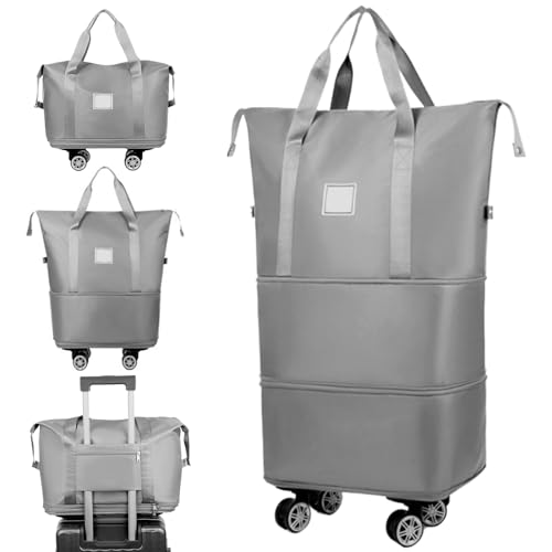 Foldable Luggage Bag, Rolling Duffle Bag with Wheels and Handle, Expandable Foldable Luggage Bag, Dry and Wet Separation Rolling Bag, Zipper Rolling Bag for Gym,Camping,Travel Grey, Rolling Bag