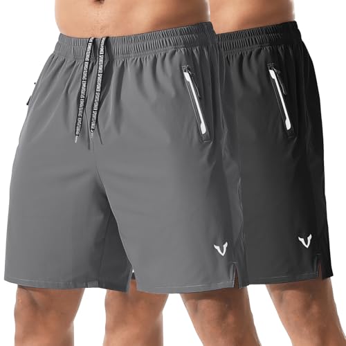 Vkluck Athletic Running Shorts for Men 2 Pack 7' Quick Dry Workout Gym Shorts with Zipper Pockets...