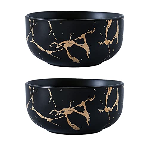 Juego de 2 cuencos de sopa de mármol dorado, cuencos de cerámica para cereales, cuenco de sopa de mármol, cuenco de cerámica de 17 onzas, cuenco de postre con incrustaciones doradas de lujo (negro-2)