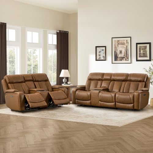 Image of Watson & Whitely Power Reclining Sofa 3-Seat with Console, Saddle Brown