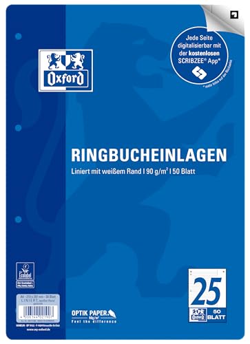 Oxford Ringbucheinlagen A4 liniert mit breitem weißem Rand rechts Lineatur 25 50 Blatt