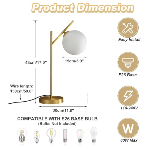 Image of Globe Table Lamp Set of 2, Brass Glass Globe Desk Lamp with Milky White Glass Shade, Contemporary Metal Bedside lamp for Bedroom Living Room Study Room