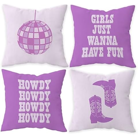 FLDAS Girls Just Wanna Have Fun Pillow Covers 18x18 Set of 4, Western Preppy Pillow Cases, Preppy Room Bedroom Decor, Purple Howdy Cowgirl Boots Disco Ball Pillows Decorative Throw Pillows Cover Cover