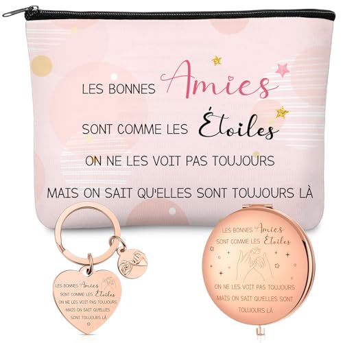 Xuniea Cadeau de Meilleure Amie Sœur Mamie 1 Trousse de Maquillage 1 Miroir de Voyage et 1 Porte-Clés avec Texte Cadeau d'anniversaire et d'Adieu pour Femme(Amie)