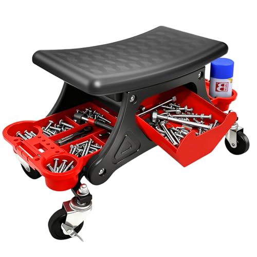 Mechanic Stool with Wheels, 264 LBS Load-Bearing Garage Stool, Heavy Duty Rolling Mechanics Seat, with Three Slide Out Tool Trays and Drawer, Tools for Automotive Auto Repair
